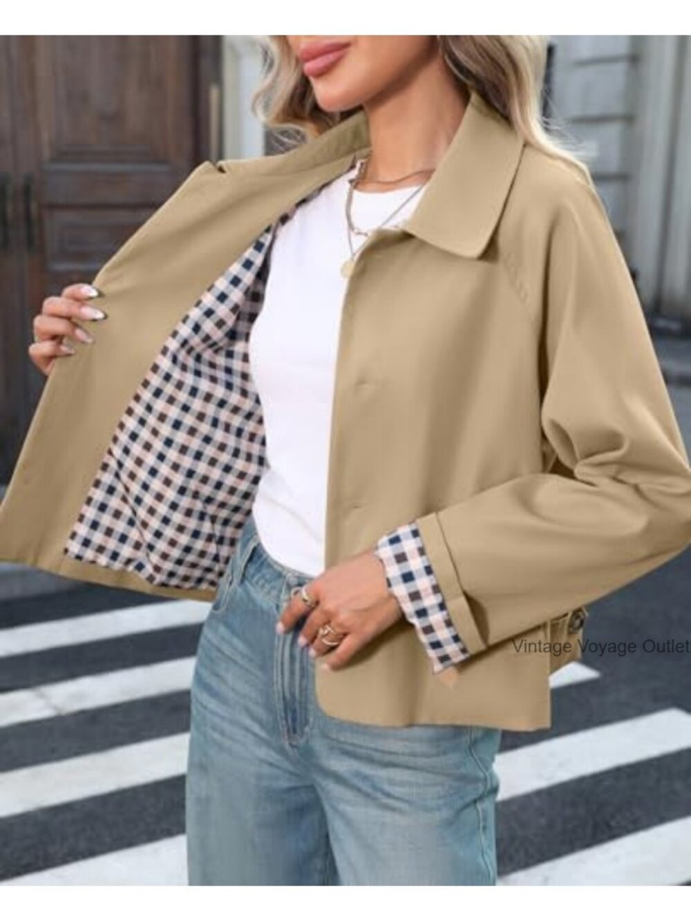 Cropped Trench Coat Lightweight Spring Jacket Single Breasted Oversize - Picture 5 of 6